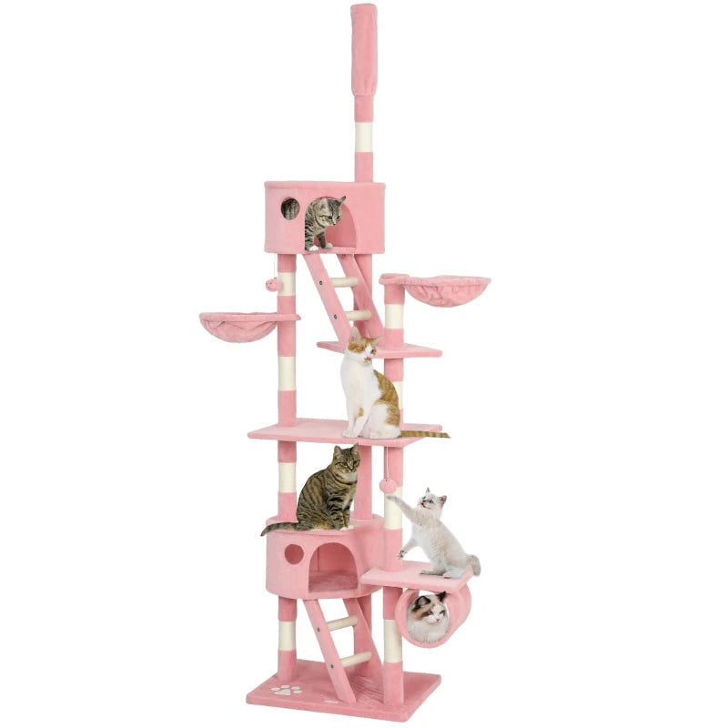 PawHut 94"-102" Floor to Ceiling Cat Tree, Pink