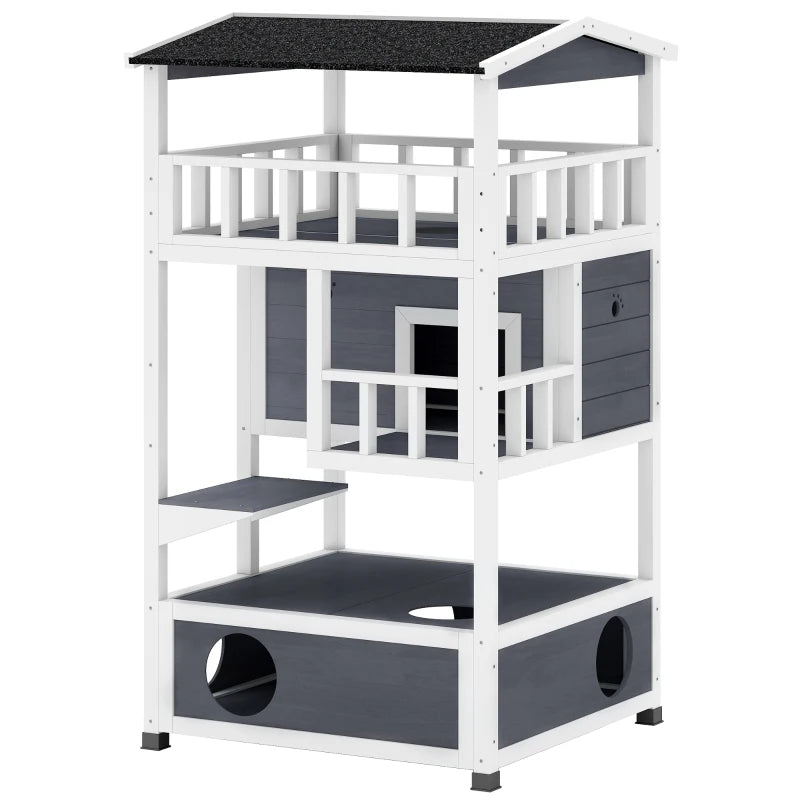 PawHut 4-Floor Wood Outdoor Cat House, Grey