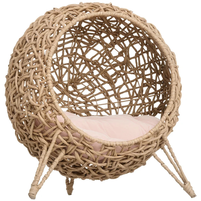 PawHut Rattan Cat House with Cushion, Natural