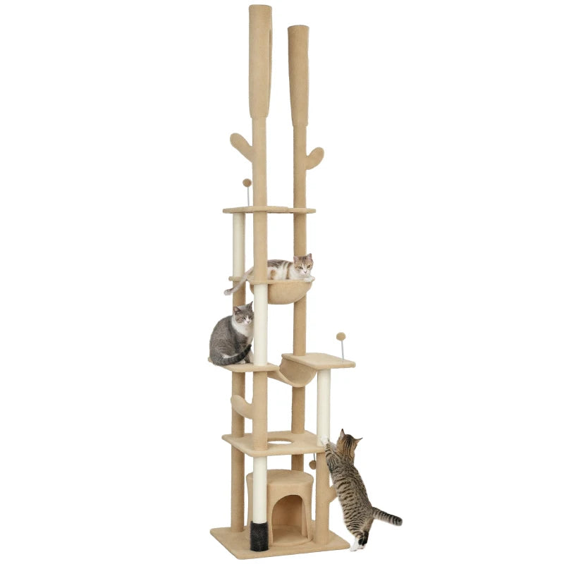 PawHut 89"-100" Floor to Ceiling Cat Tower, Brown