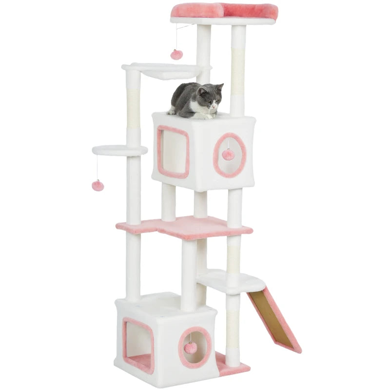 PawHut 65 Inch Cat Tree, White & Pink