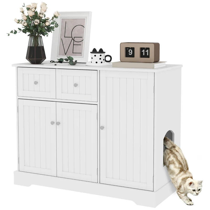 PawHut Cat Litter Box Enclosure with Drawer, White