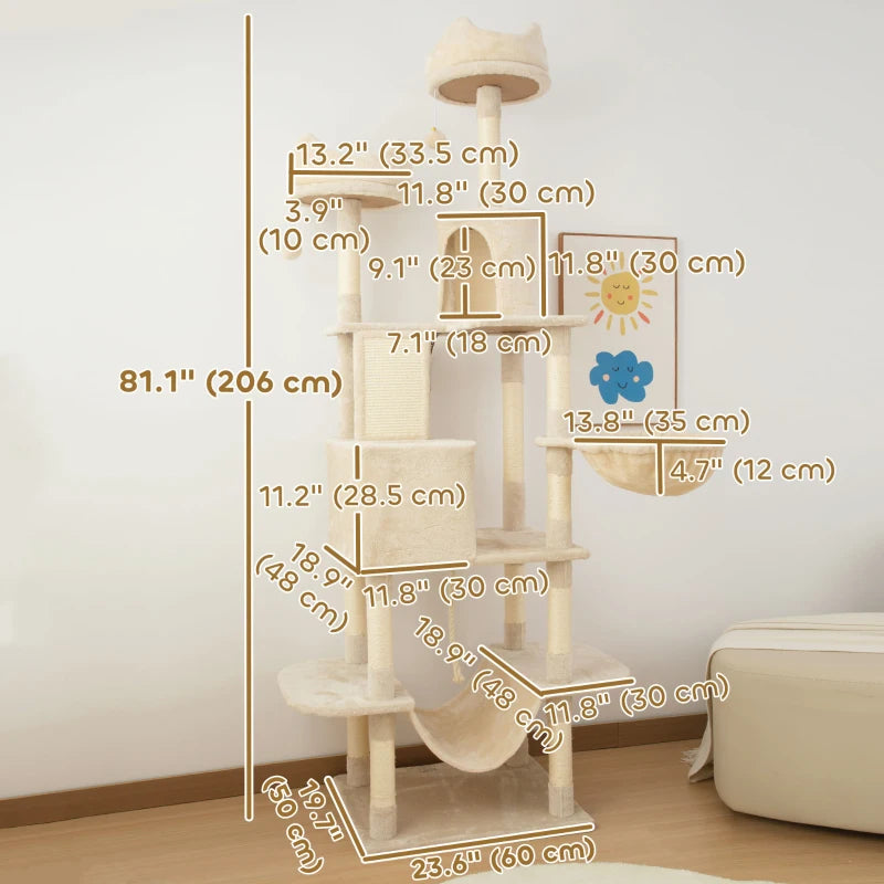 PawHut 81" Large Cat Tree w/ Scratching Posts, Beige
