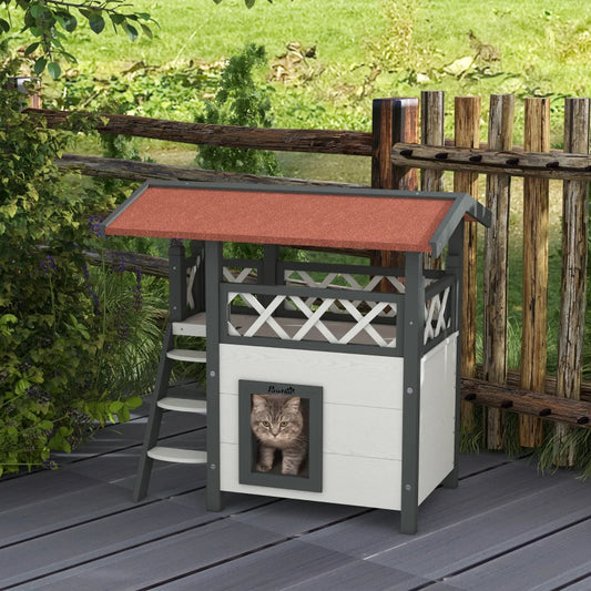 PawHut Wooden 2-Story Shelter for Cats, White