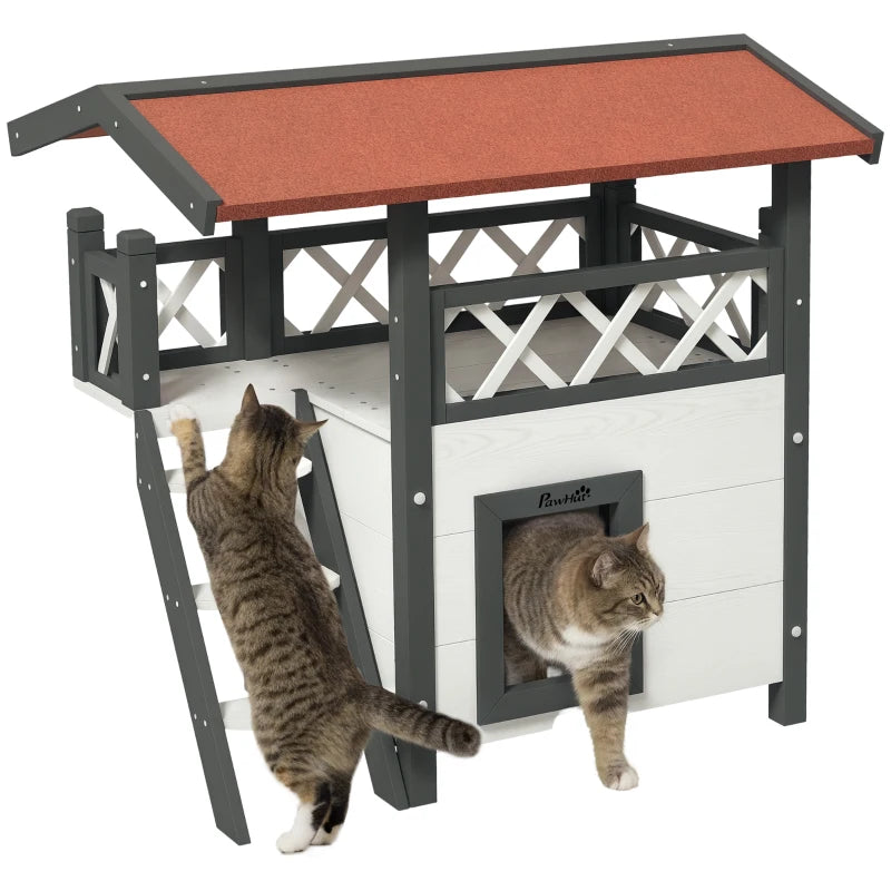 PawHut Wooden 2-Story Shelter for Cats, White