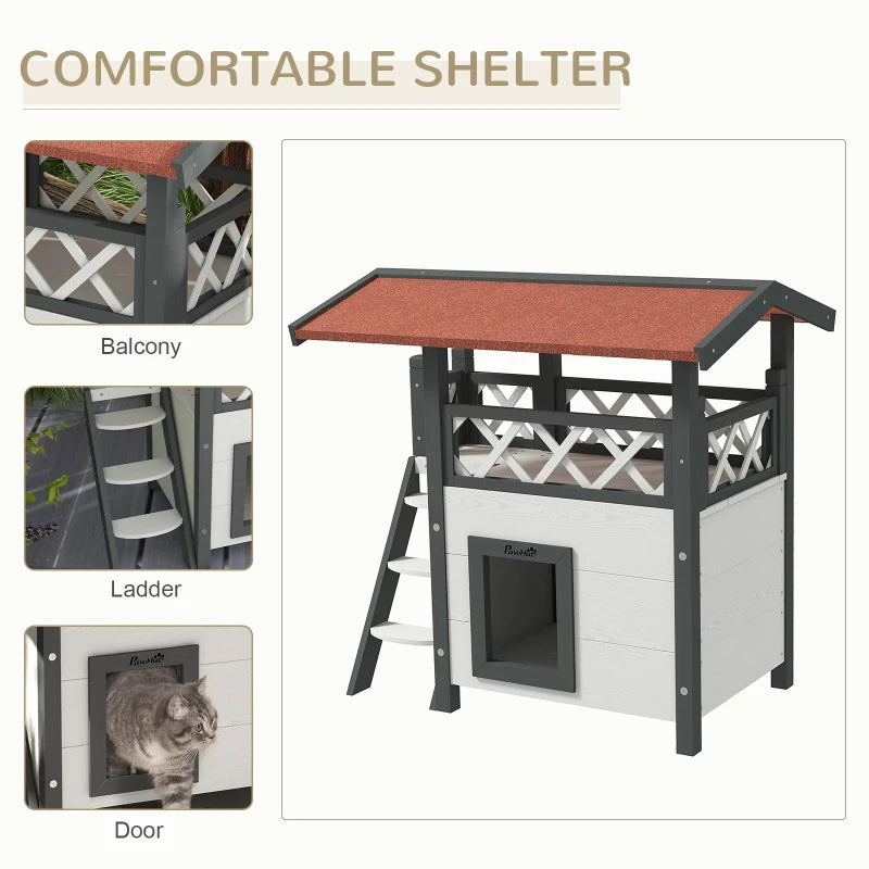 PawHut Wooden 2-Story Shelter for Cats, White