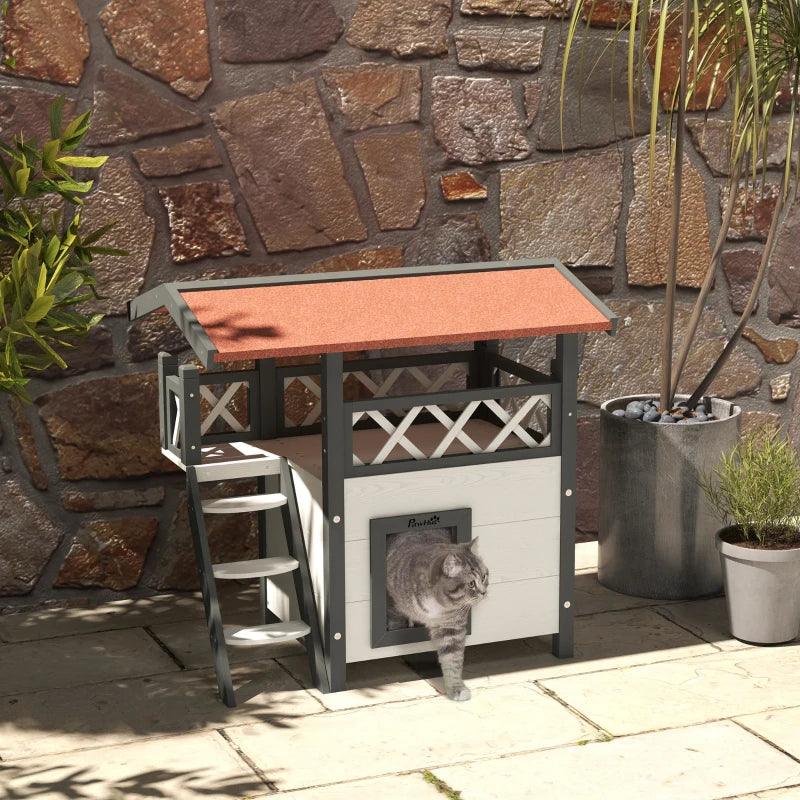 PawHut Wooden 2-Story Shelter for Cats, White