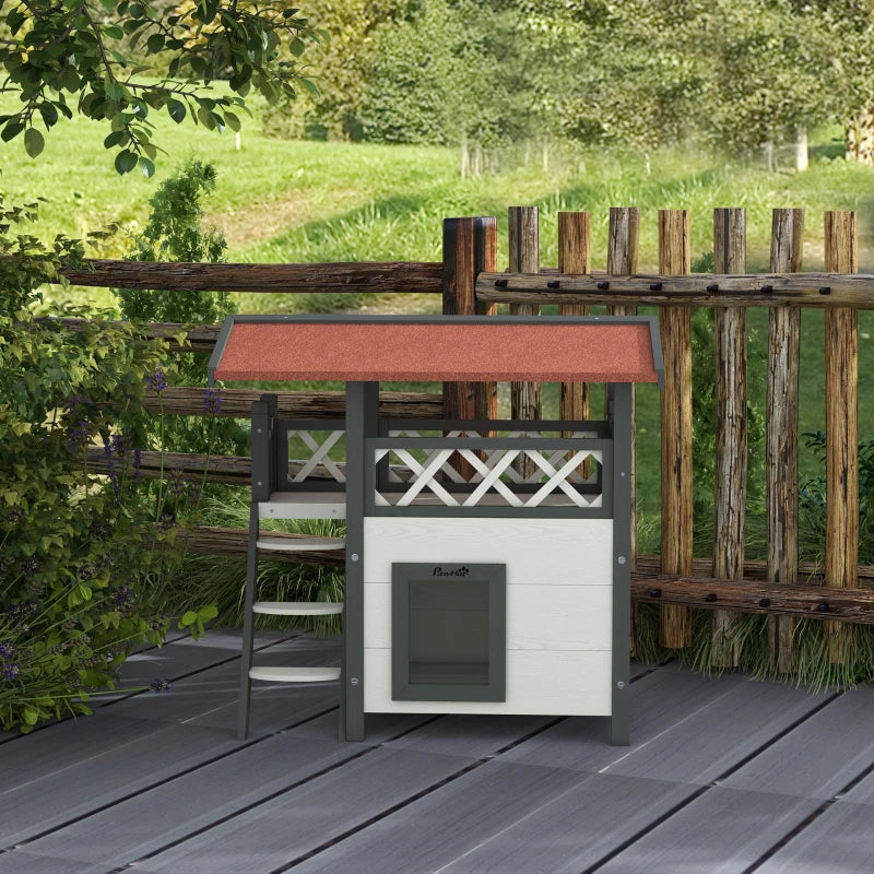 PawHut Wooden 2-Story Shelter for Cats, White