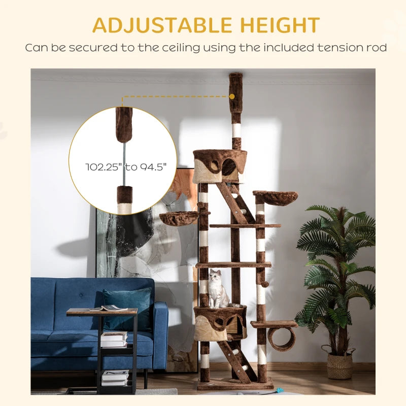 PawHut 94"-102" Huge Cat Tree Ceiling High, Brown