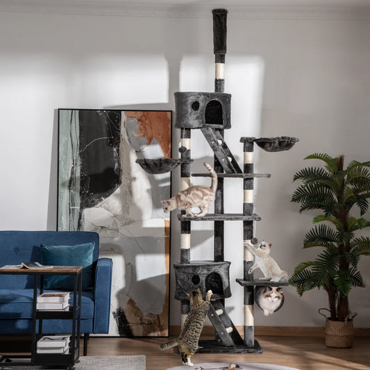 PawHut 94"-102" Floor to Ceiling Cat Tree, Dark Grey