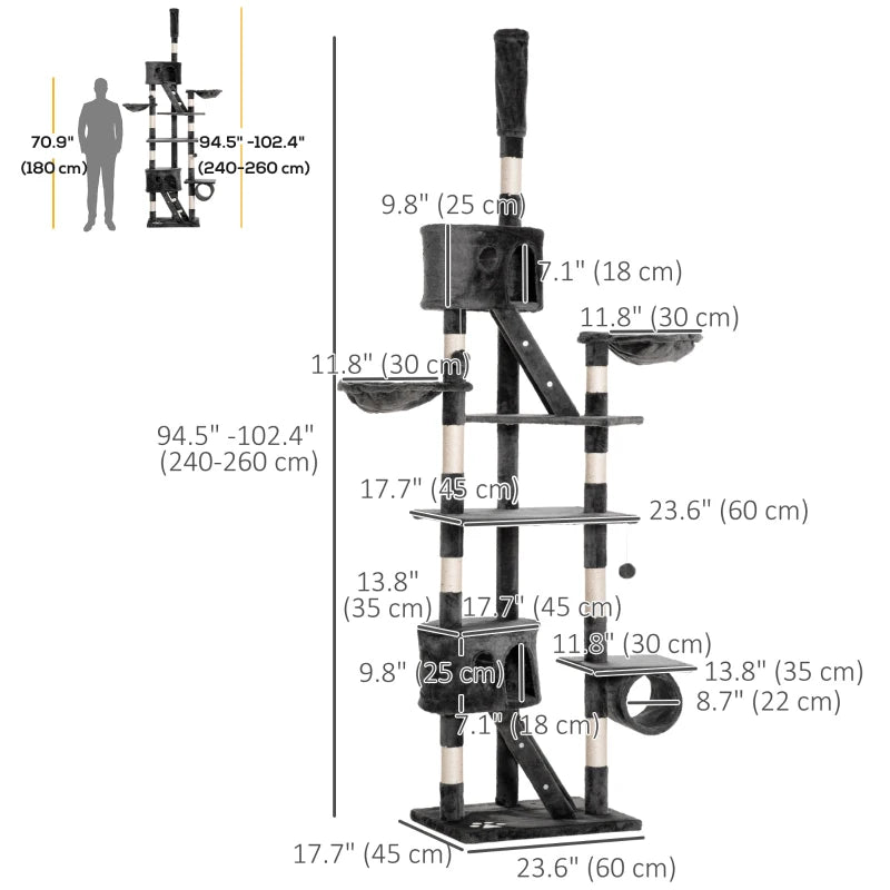 PawHut 94"-102" Floor to Ceiling Cat Tree, Dark Grey
