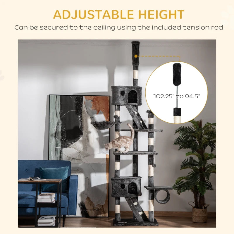 PawHut 94"-102" Floor to Ceiling Cat Tree, Dark Grey