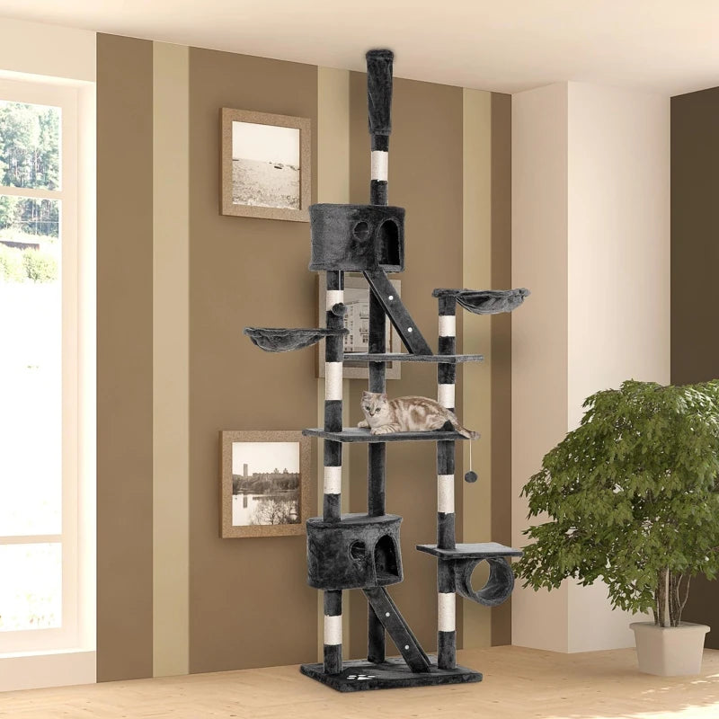 PawHut 94"-102" Floor to Ceiling Cat Tree, Dark Grey
