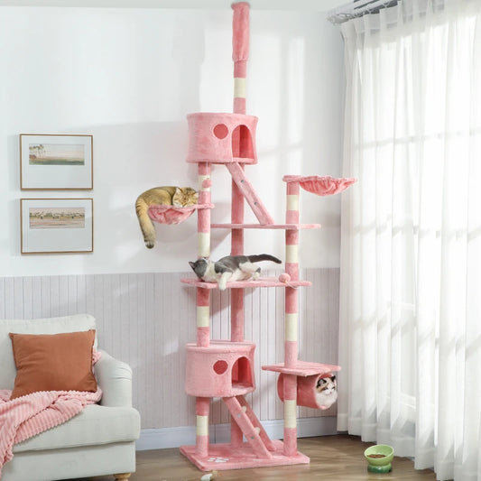 PawHut 94"-102" Floor to Ceiling Cat Tree, Pink