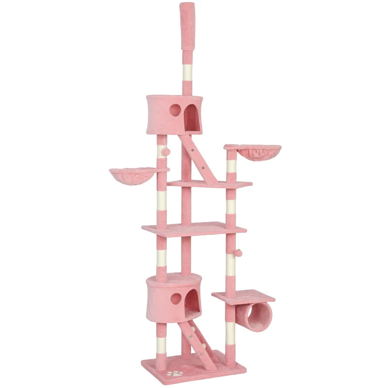 PawHut 94"-102" Floor to Ceiling Cat Tree, Pink