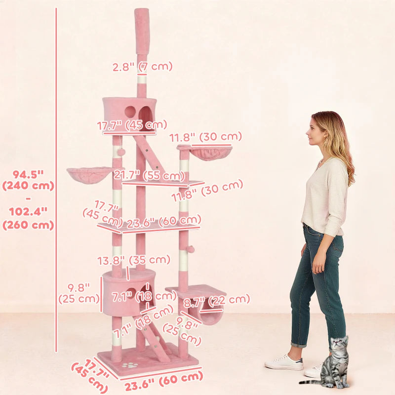 PawHut 94"-102" Floor to Ceiling Cat Tree, Pink