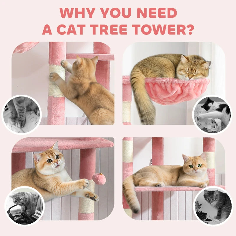 PawHut 94"-102" Floor to Ceiling Cat Tree, Pink