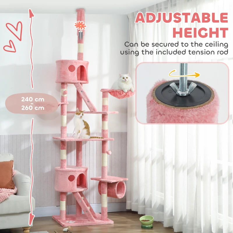 PawHut 94"-102" Floor to Ceiling Cat Tree, Pink