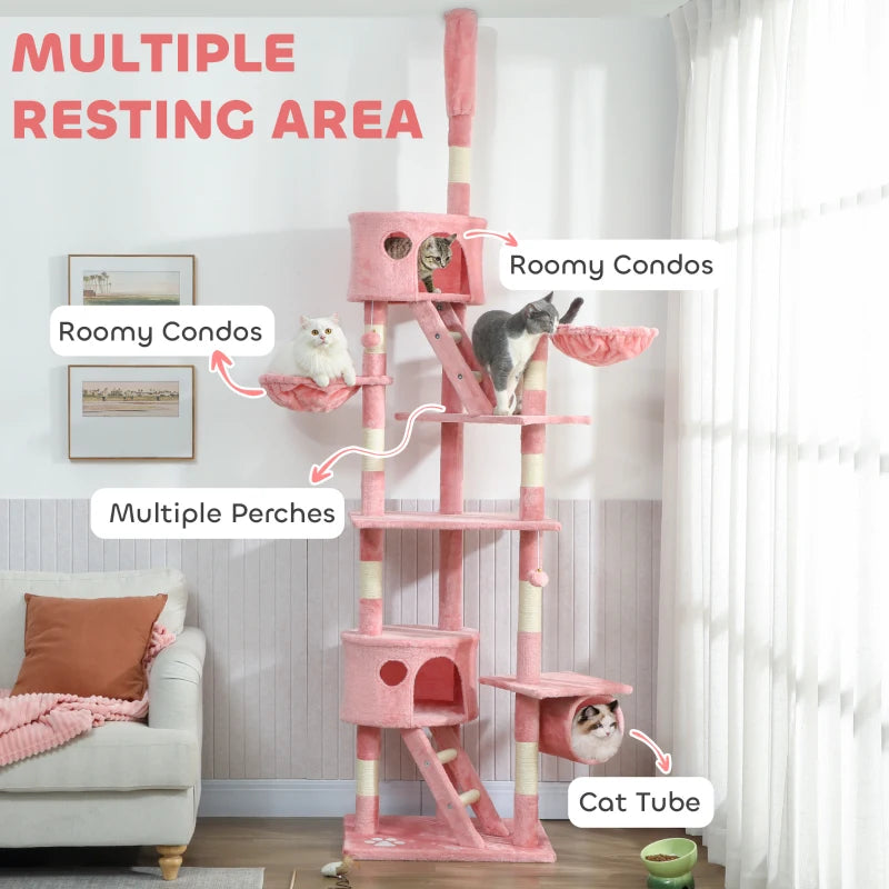 PawHut 94"-102" Floor to Ceiling Cat Tree, Pink