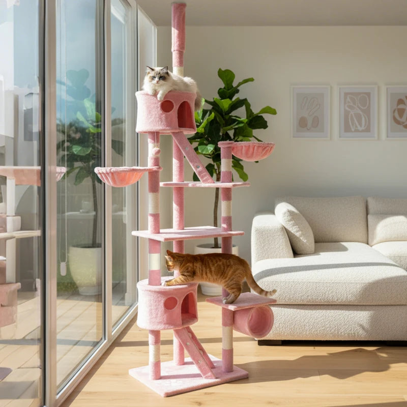 PawHut 94"-102" Floor to Ceiling Cat Tree, Pink