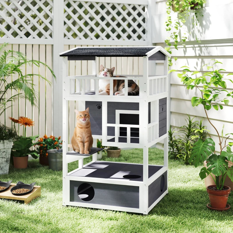 PawHut 4-Floor Wood Outdoor Cat House, Grey