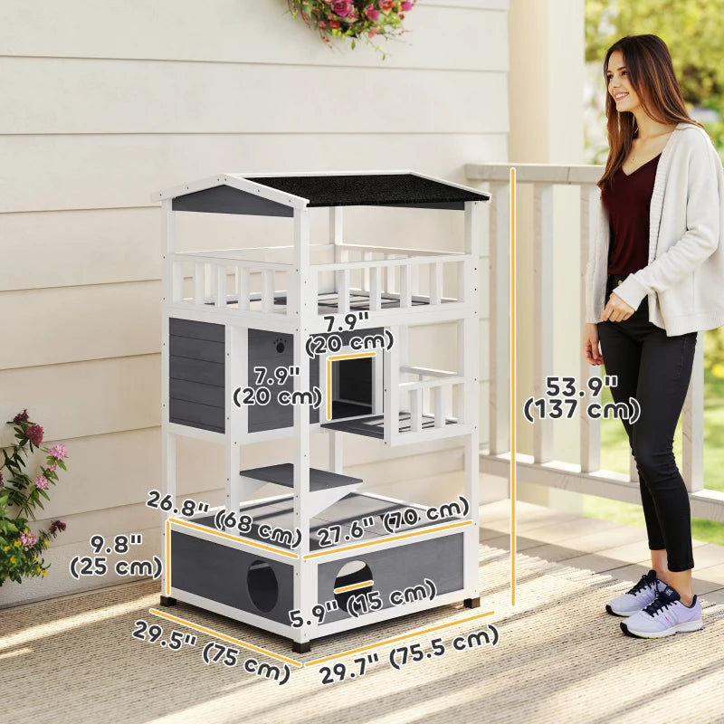 PawHut 4-Floor Wood Outdoor Cat House, Grey