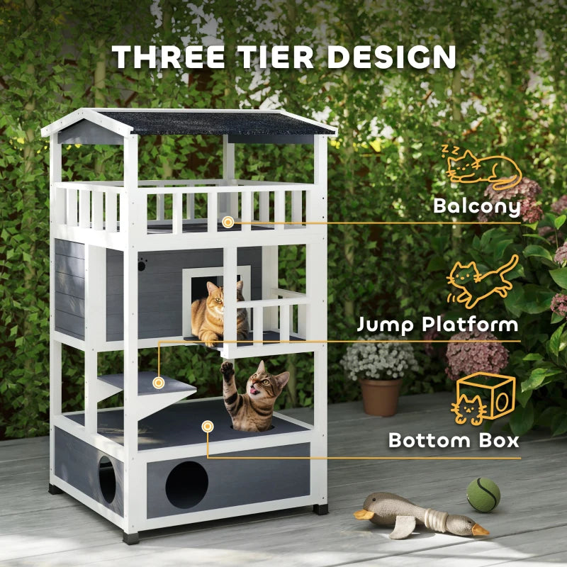 PawHut 4-Floor Wood Outdoor Cat House, Grey