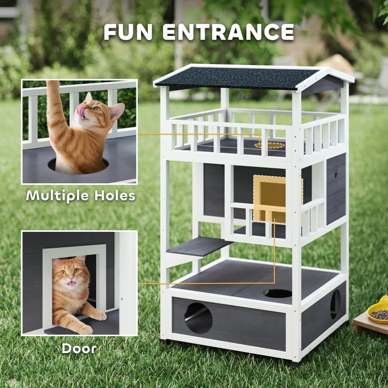 PawHut 4-Floor Wood Outdoor Cat House, Grey