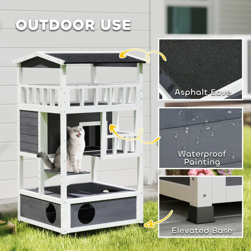 PawHut 4-Floor Wood Outdoor Cat House, Grey