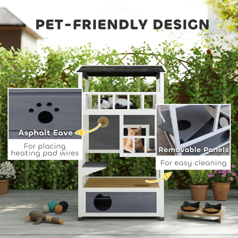 PawHut 4-Floor Wood Outdoor Cat House, Grey