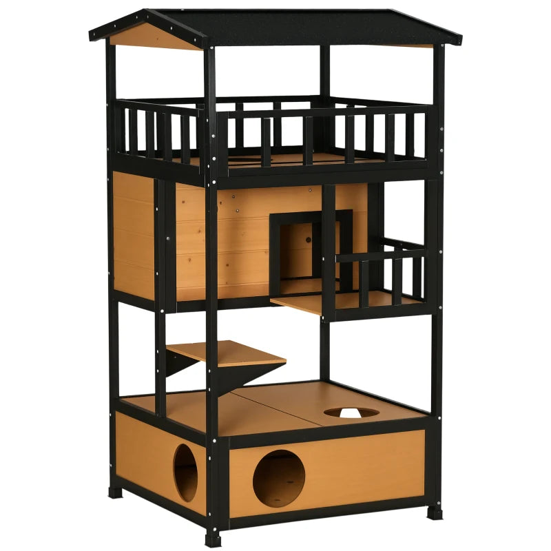 PawHut 4-Floor Wood Outdoor Cat House, Natural