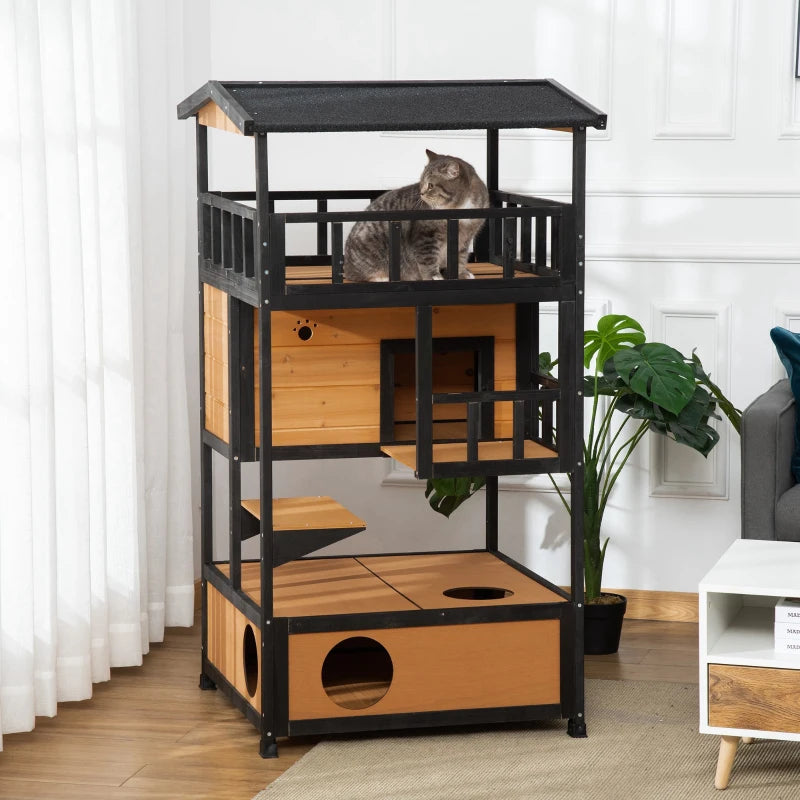 PawHut 4-Floor Wood Outdoor Cat House, Natural