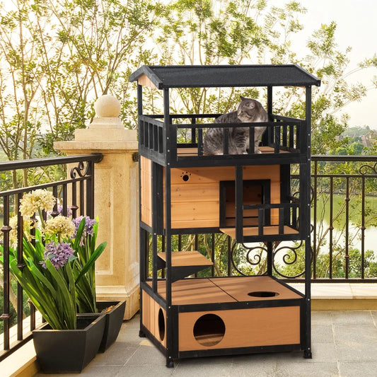 PawHut 4-Floor Wood Outdoor Cat House, Natural