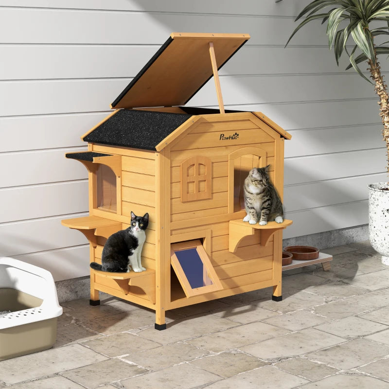 PawHut 2-Storey Outdoor Cat House, Yellow