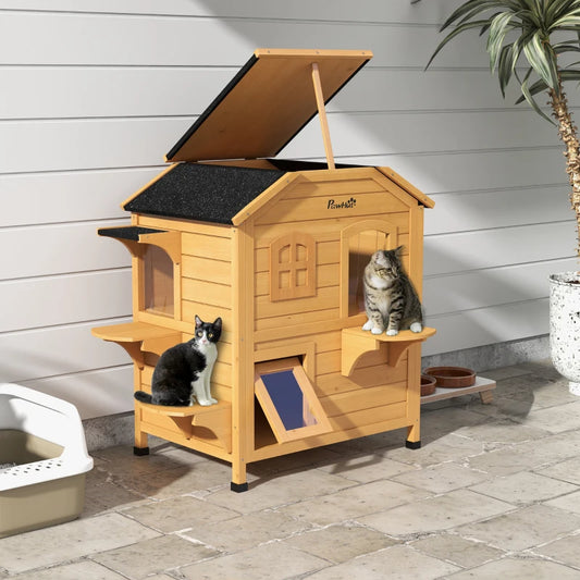 PawHut 2-Storey Outdoor Cat House, Yellow