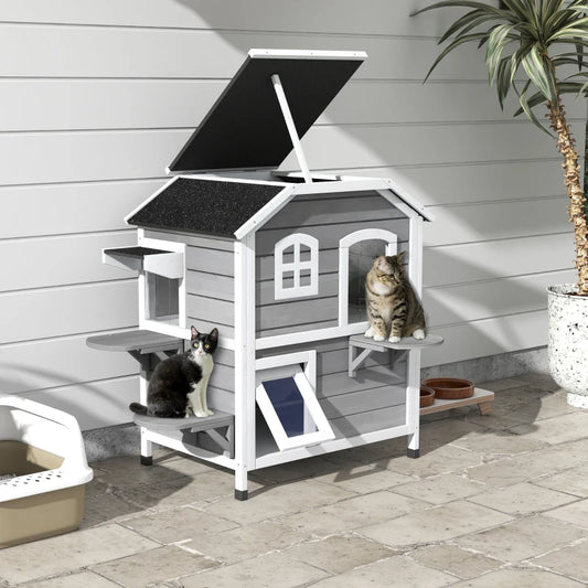 PawHut 2-Storey Outdoor Cat House, Grey
