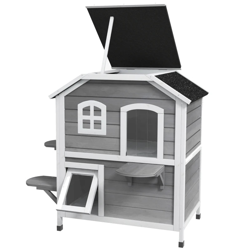 PawHut 2-Storey Outdoor Cat House, Grey
