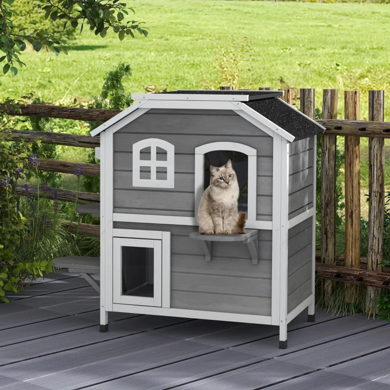 PawHut 2-Storey Outdoor Cat House, Grey