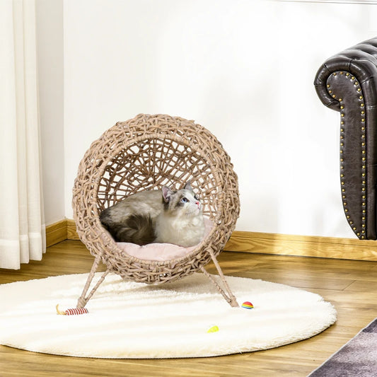 PawHut Rattan Cat House with Cushion, Natural