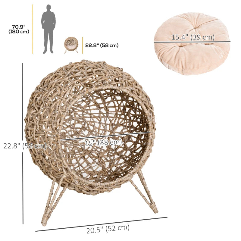 PawHut Rattan Cat House with Cushion, Natural