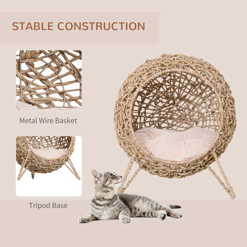 PawHut Rattan Cat House with Cushion, Natural