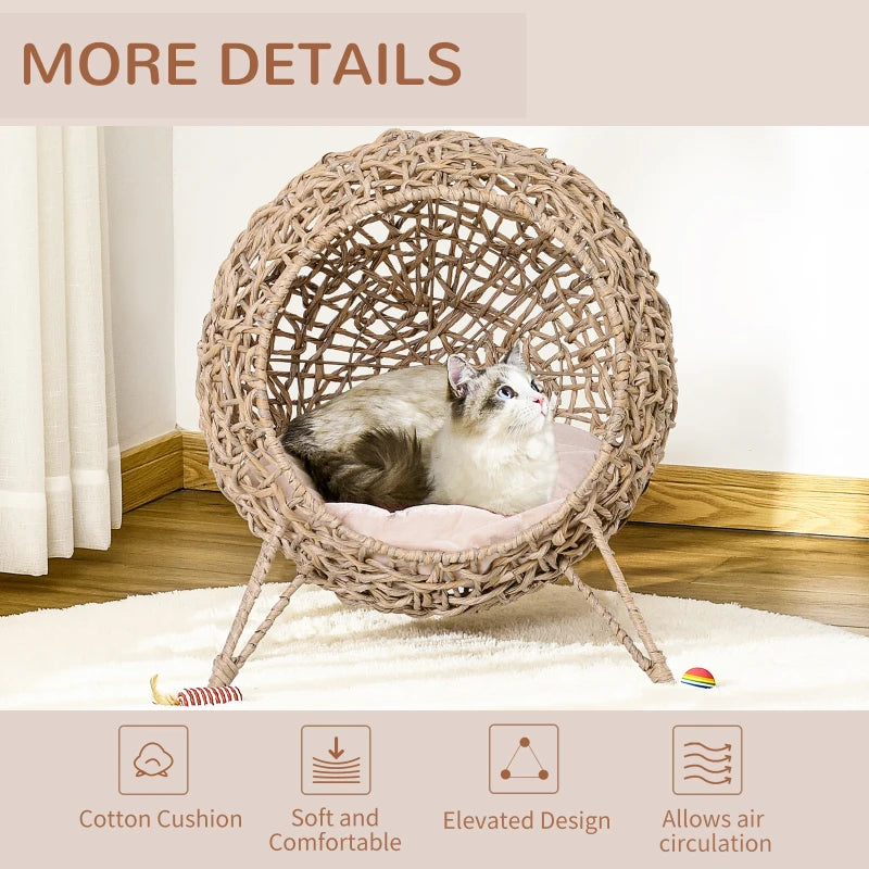 PawHut Rattan Cat House with Cushion, Natural