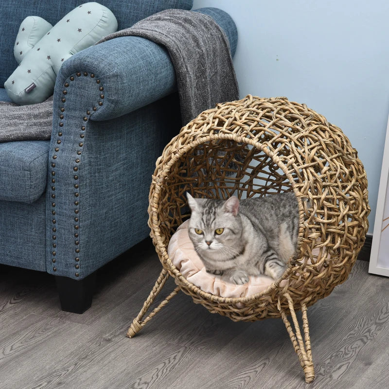 PawHut Rattan Cat House with Cushion, Natural
