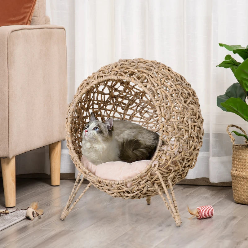PawHut Rattan Cat House with Cushion, Natural