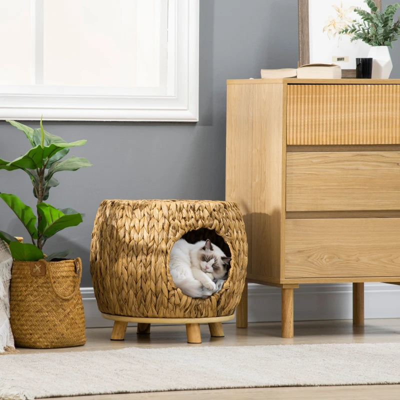 PawHut Wicker Cat Bed with Washable Cushion, Light Brown