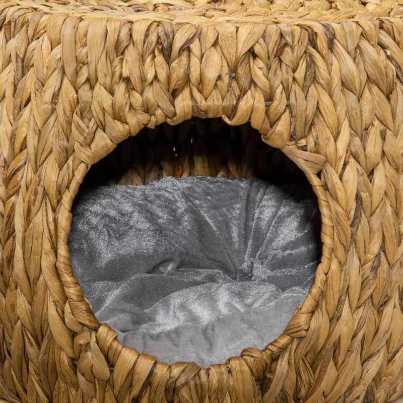 PawHut Wicker Cat Bed with Washable Cushion, Light Brown