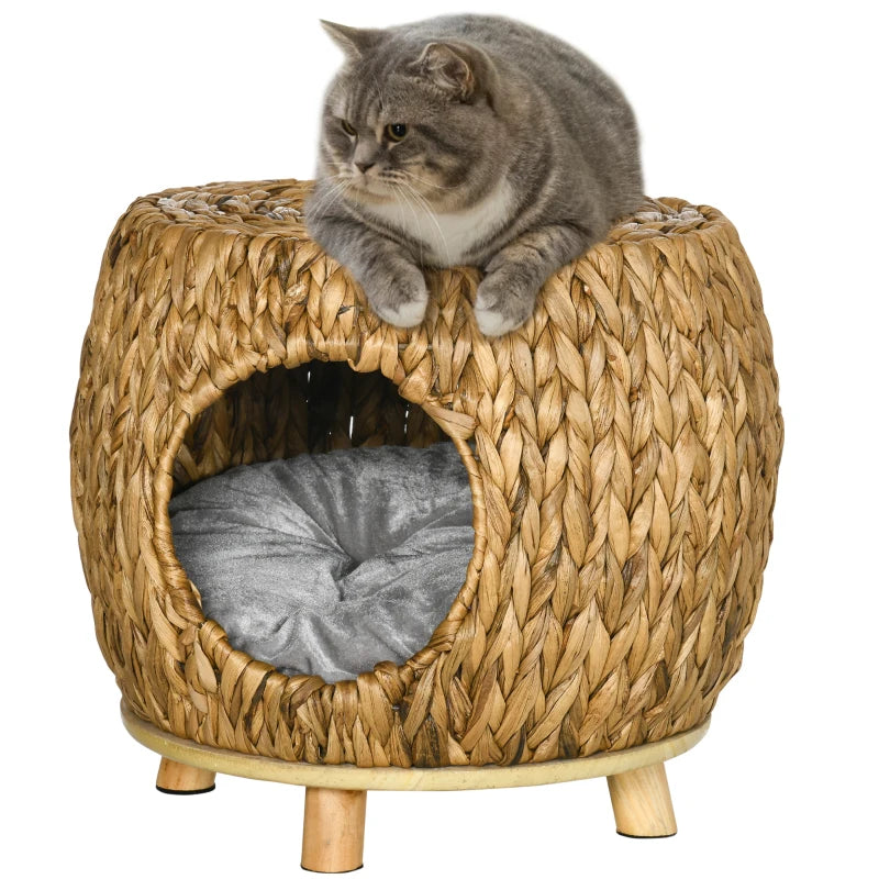 PawHut Wicker Cat Bed with Washable Cushion, Light Brown