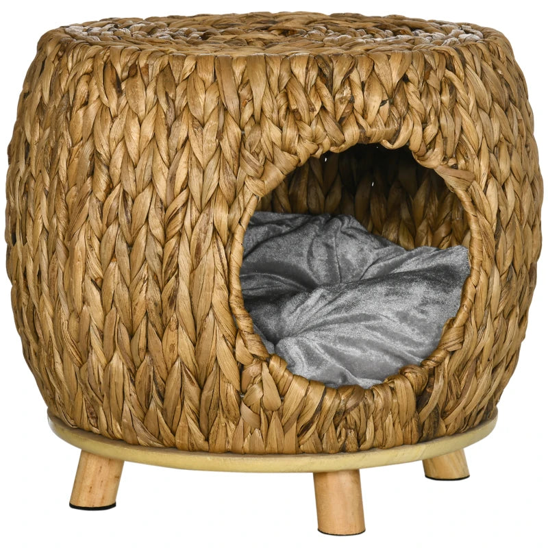 PawHut Wicker Cat Bed with Washable Cushion, Light Brown
