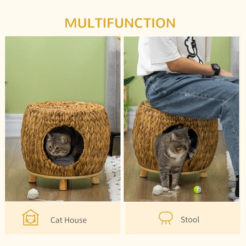 PawHut Wicker Cat Bed with Washable Cushion, Light Brown