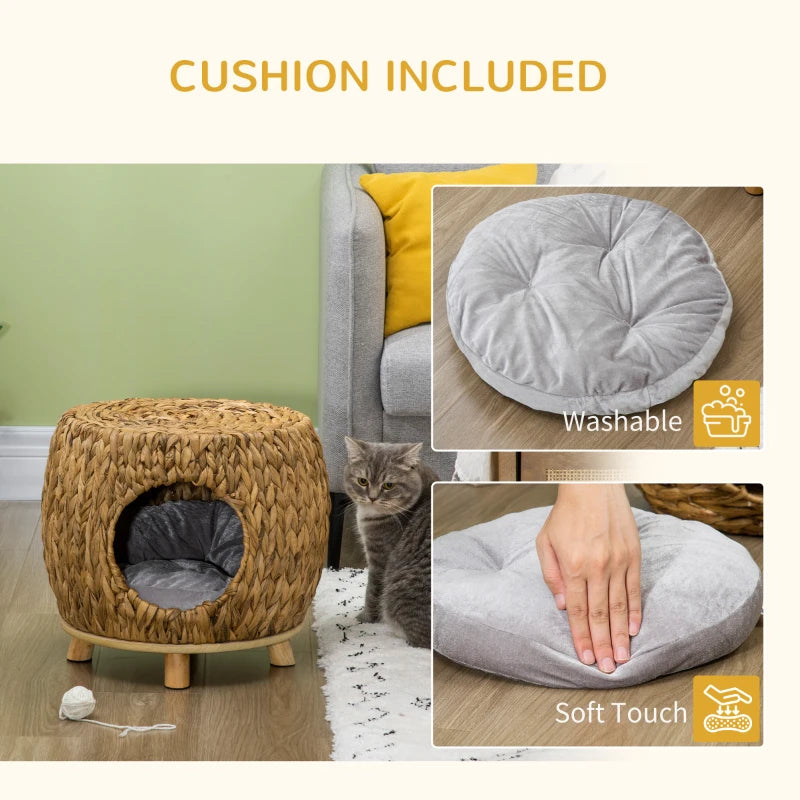 PawHut Wicker Cat Bed with Washable Cushion, Light Brown